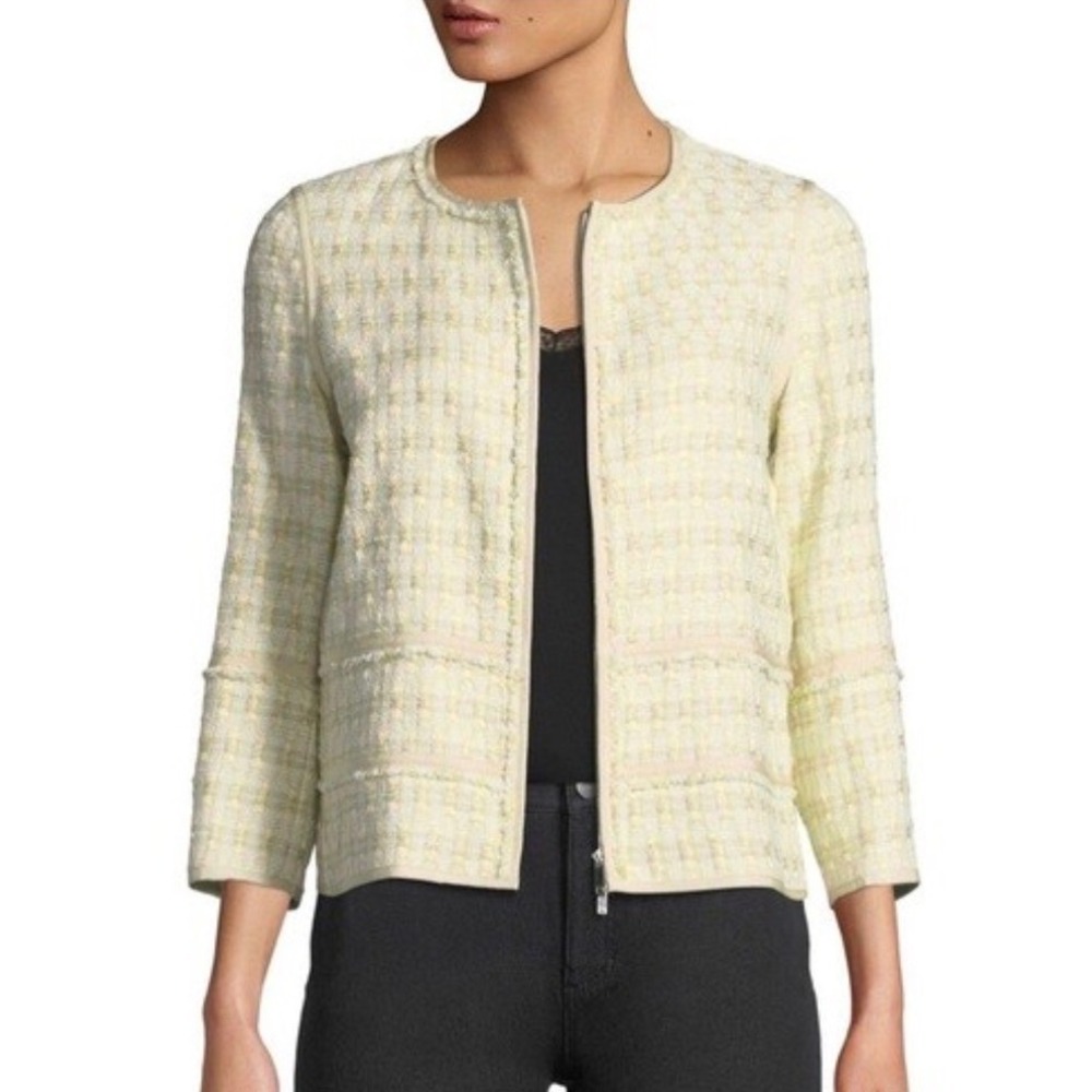 Lafayette 148 New York Cream Textured Grid Zip Front Jacket Womens Large L
